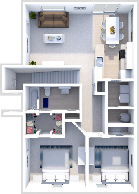 Floor plan for 2 beds, 1 bath, 980 sqft